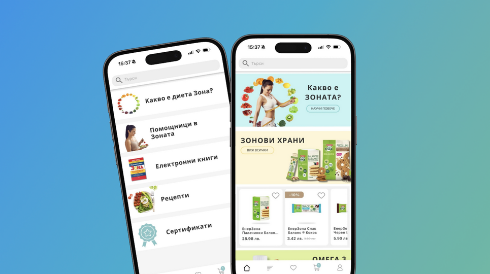Preview of Enerzona mobile app featuring health and wellness product catalog